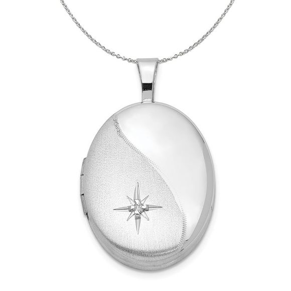 19mm Satin and Polished Diamond Oval Silver Locket Necklace - 20 In